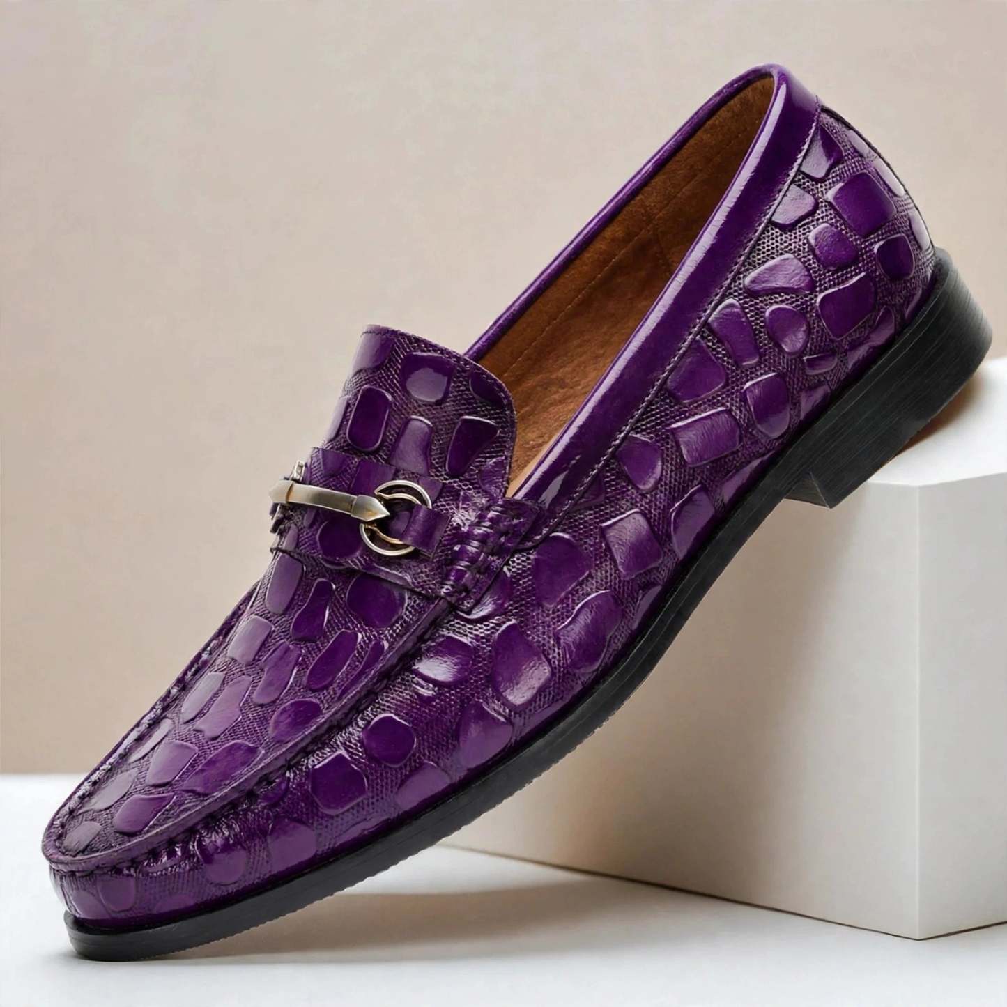 Men’s Crocodile Embossed Loafers with Gold Buckle – Multi-Color Dress Shoes