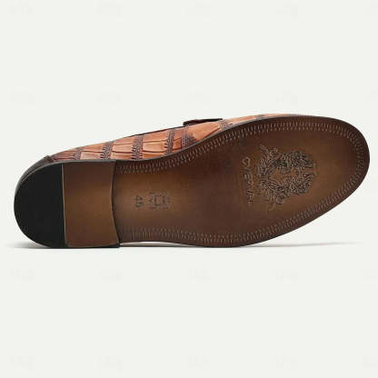 Men's Brown Crocodile Print Leather Penny Loafers