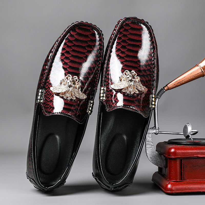 Patent Leather Snake Print Driving Loafer Lazy Shoes for Men