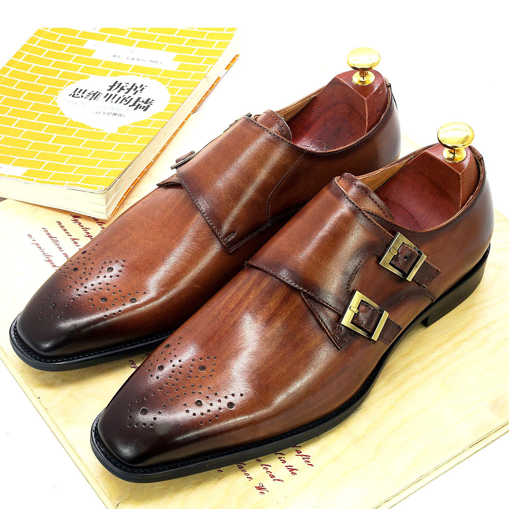 Men's Genuine Leather Double-Buckle Brogue-Detailed Monk Shoes