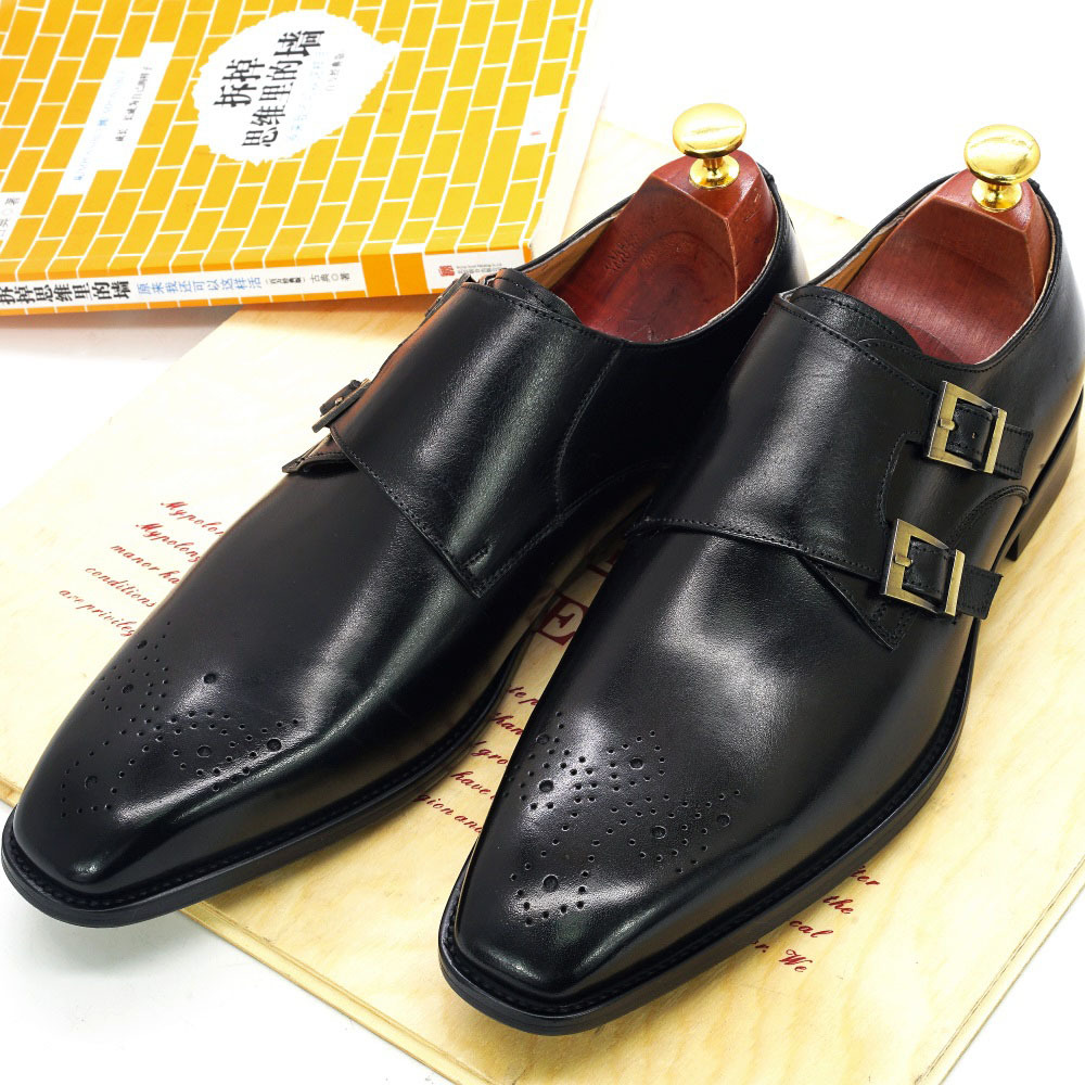 Men's Genuine Leather Double-Buckle Brogue-Detailed Monk Shoes