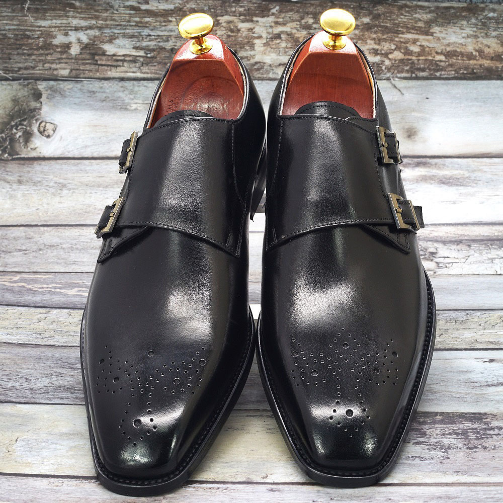 Men's Genuine Leather Double-Buckle Brogue-Detailed Monk Shoes