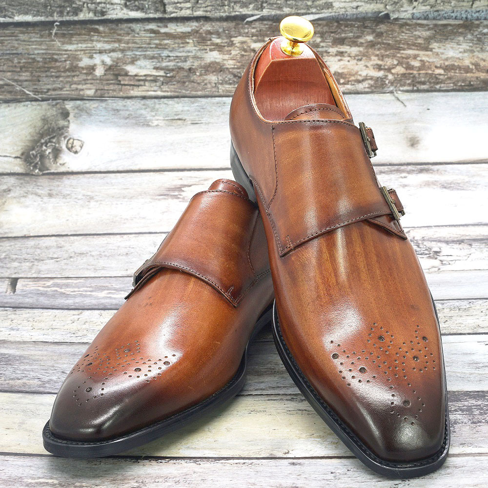 Men's Genuine Leather Double-Buckle Brogue-Detailed Monk Shoes