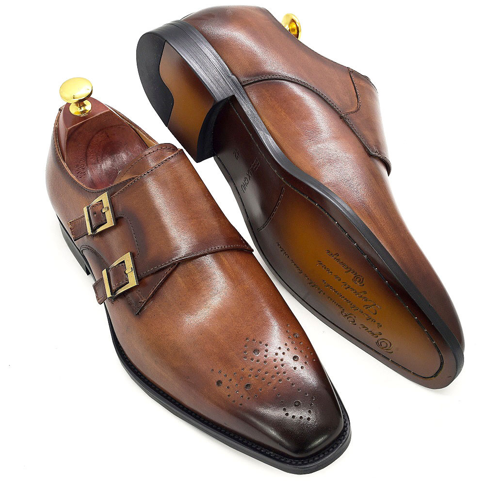 Men's Genuine Leather Double-Buckle Brogue-Detailed Monk Shoes