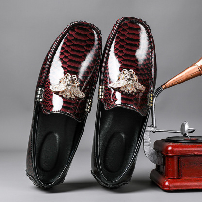 Patent Leather Snake Print Driving Loafer Lazy Shoes for Men