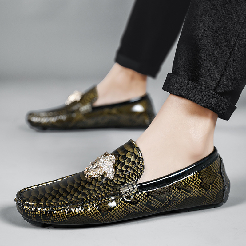 Patent Leather Snake Print Driving Loafer Lazy Shoes for Men