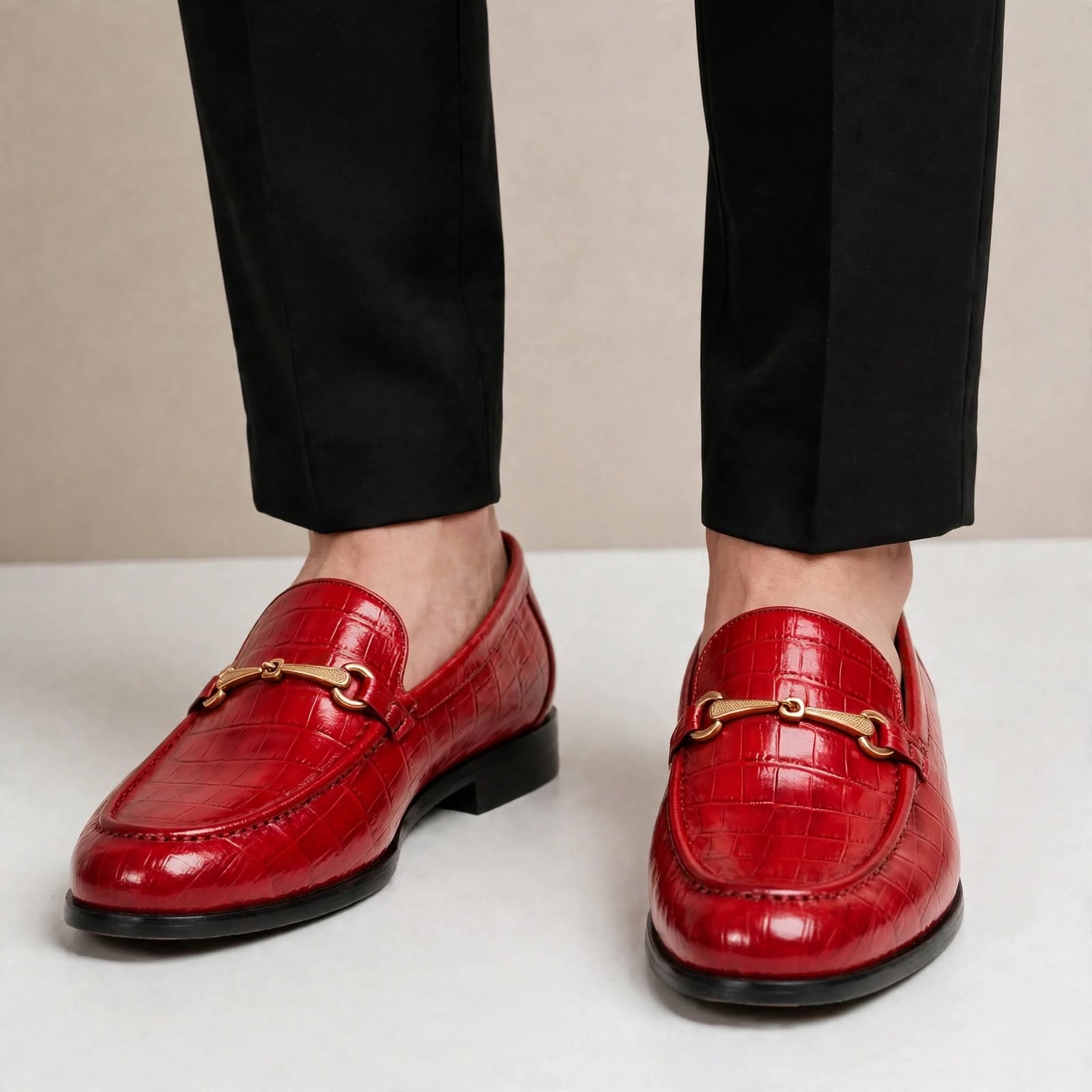 Men’s Crocodile Embossed Loafers with Gold Buckle – Multi-Color Dress Shoes