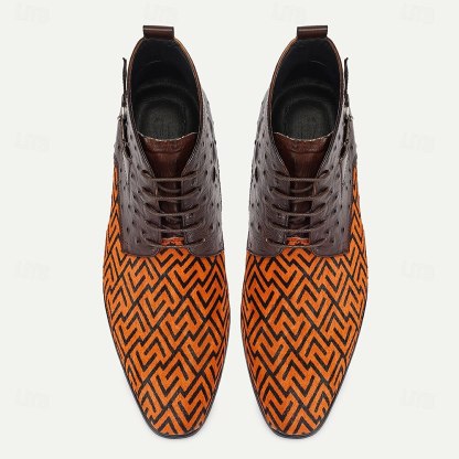 Men's Premium Cowhide Leather with Pony Hair Ankle Boots Geometric Pattern
