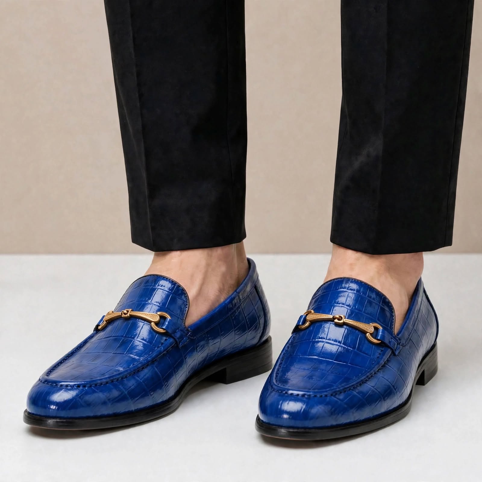 Men’s Crocodile Embossed Loafers with Gold Buckle – Multi-Color Dress Shoes