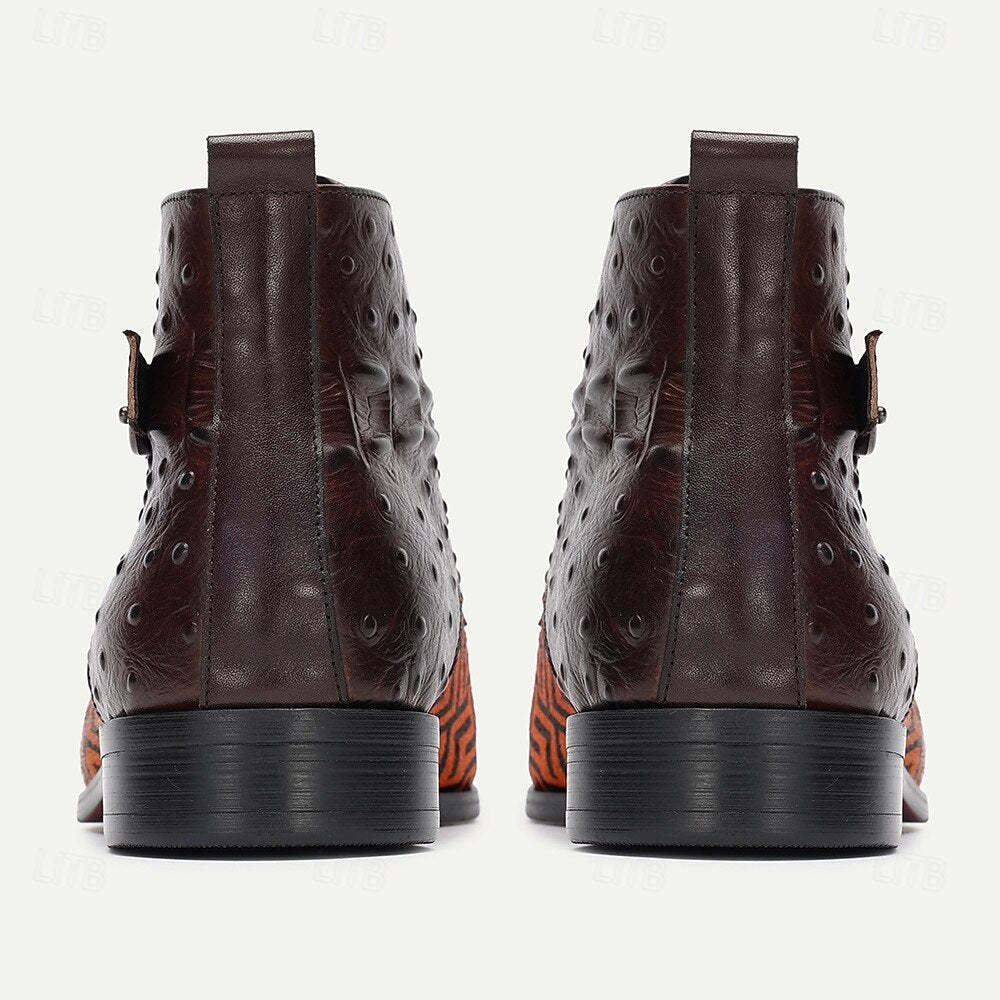 Men's Premium Cowhide Leather with Pony Hair Ankle Boots Geometric Pattern