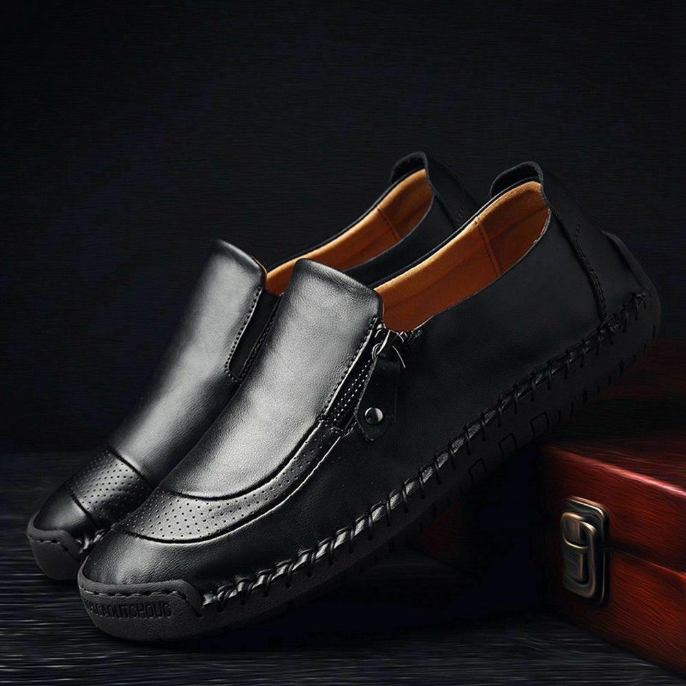 Men Comfy Hand Stitching  Leather Side Zipper Slip On Casual shoes