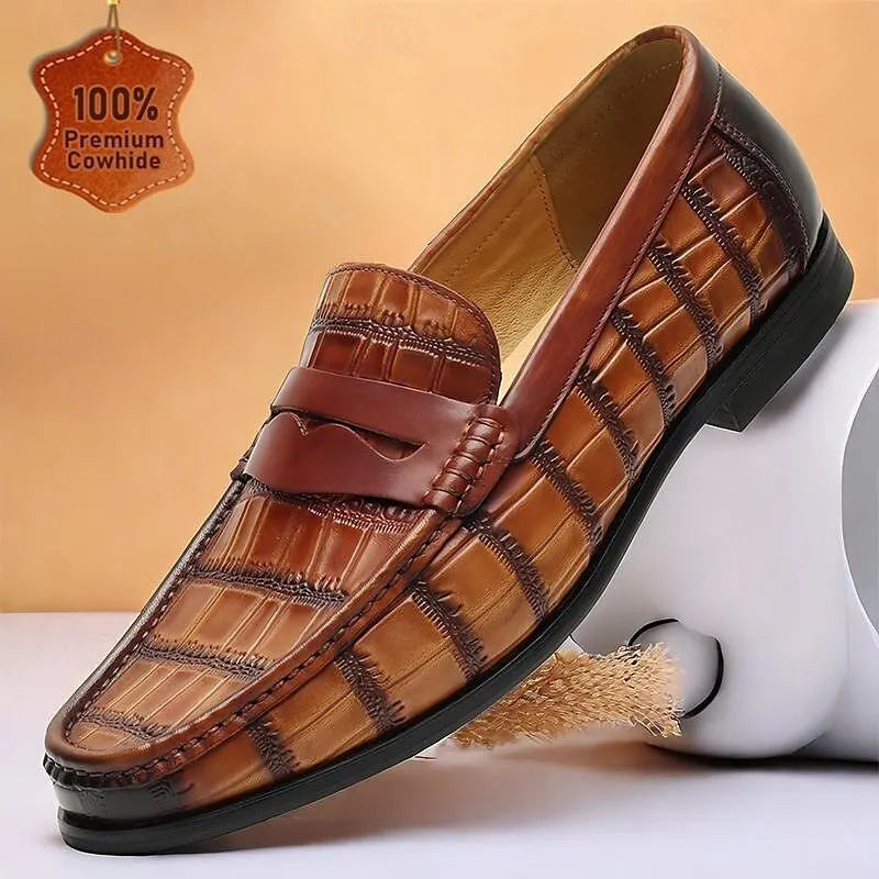Men's Brown Crocodile Print Leather Penny Loafers
