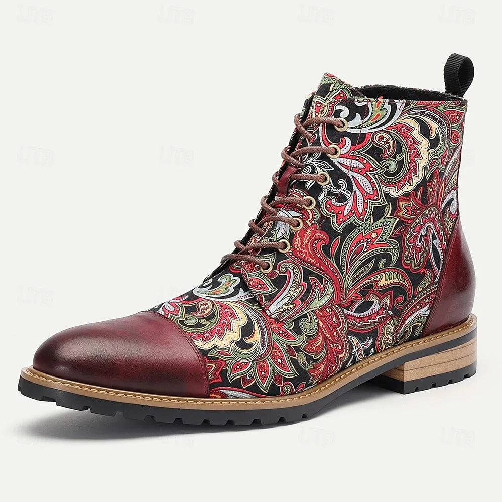 Men’s Premium Leather Floral Oxford Boots Vintage Paisley Design