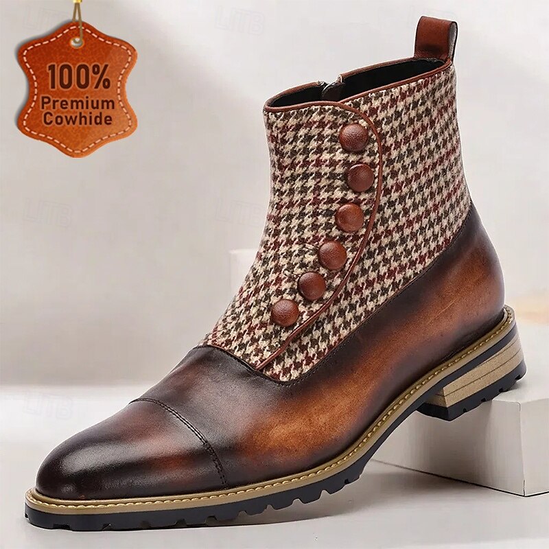 Men’s Houndstooth Tweed and Leather Ankle Boots with