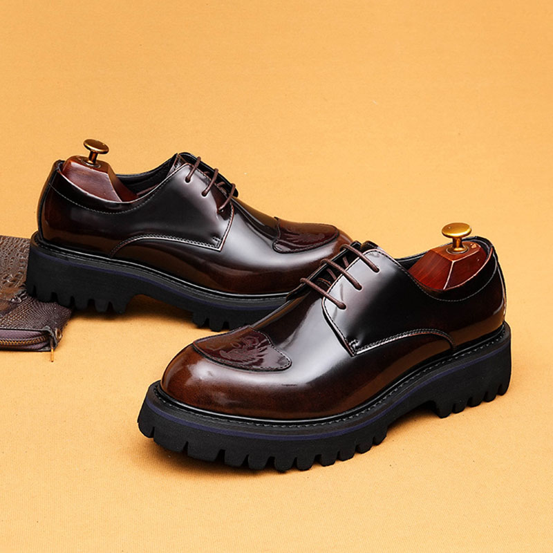 Men's Genuine Leather Embossed Thick Sole Polished Derby Shoes