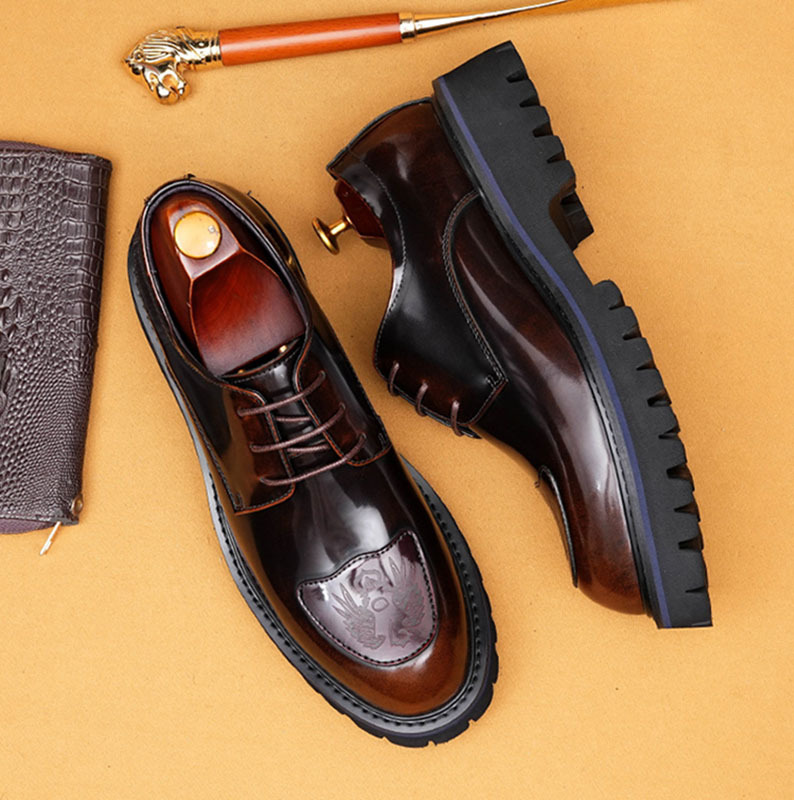 Men's Genuine Leather Embossed Thick Sole Polished Derby Shoes