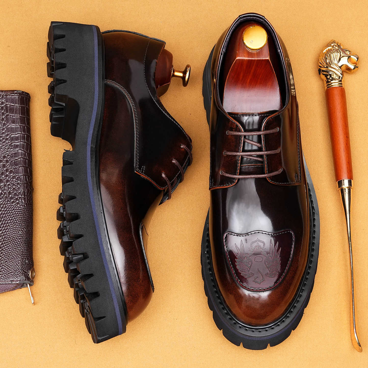 Men's Genuine Leather Embossed Thick Sole Polished Derby Shoes