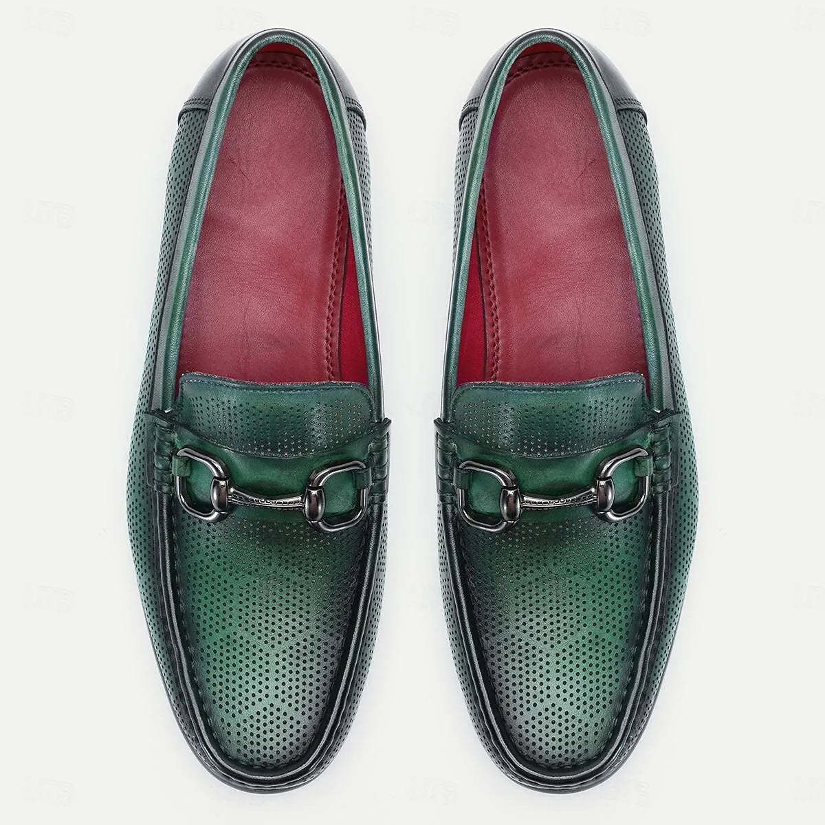 Men's Loafers Perforated Green Leather Silver Horsebit