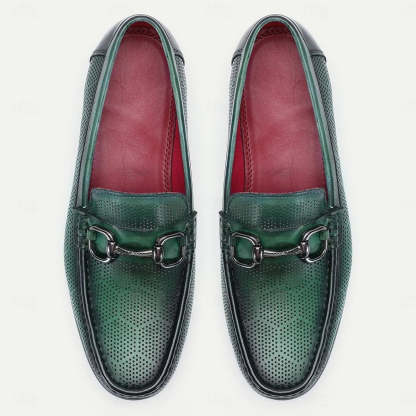 Men's Loafers Perforated Green Leather Silver Horsebit