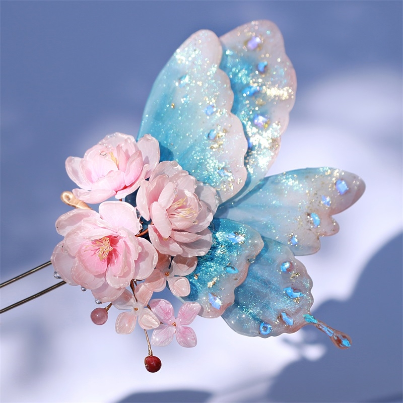 Butterfly Flower Hair Sticks - Artisan Crafted U-Shaped Design