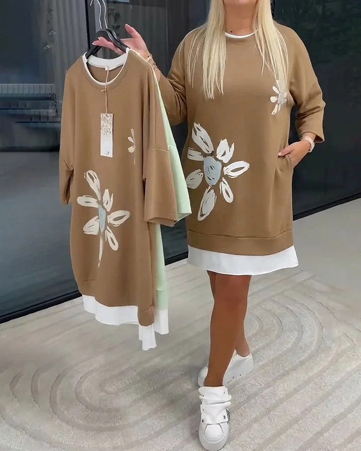 Dámské tričkové šaty s kulatým výstřihem a potiskem