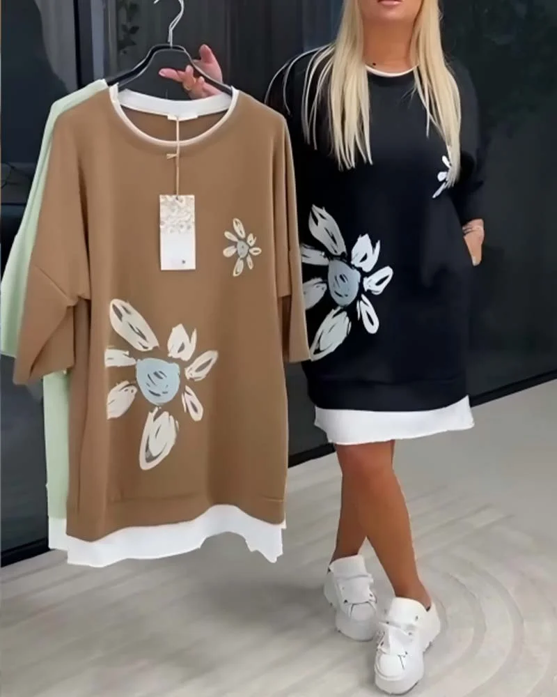 Dámské tričkové šaty s kulatým výstřihem a potiskem