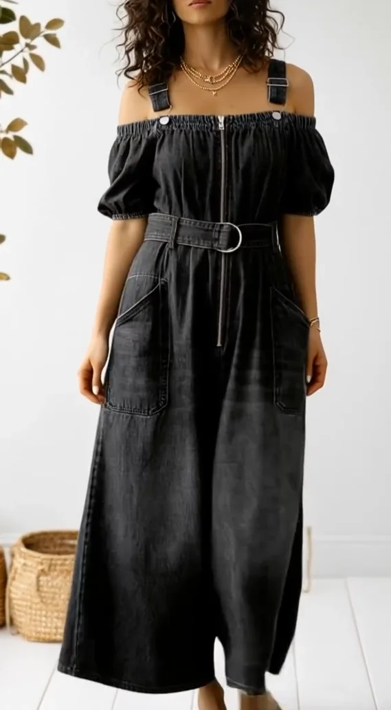 Dámská volnočasová džínová overalová kombinéza (s nastavitelnými ramínky)