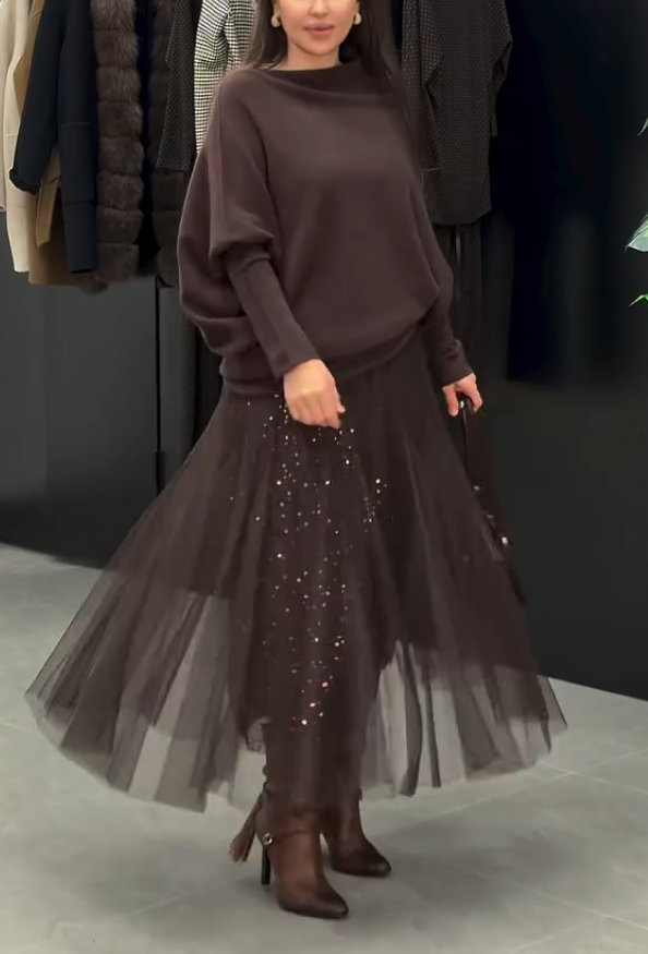 Sada: casual svetr + třpytivá šifonová sukně