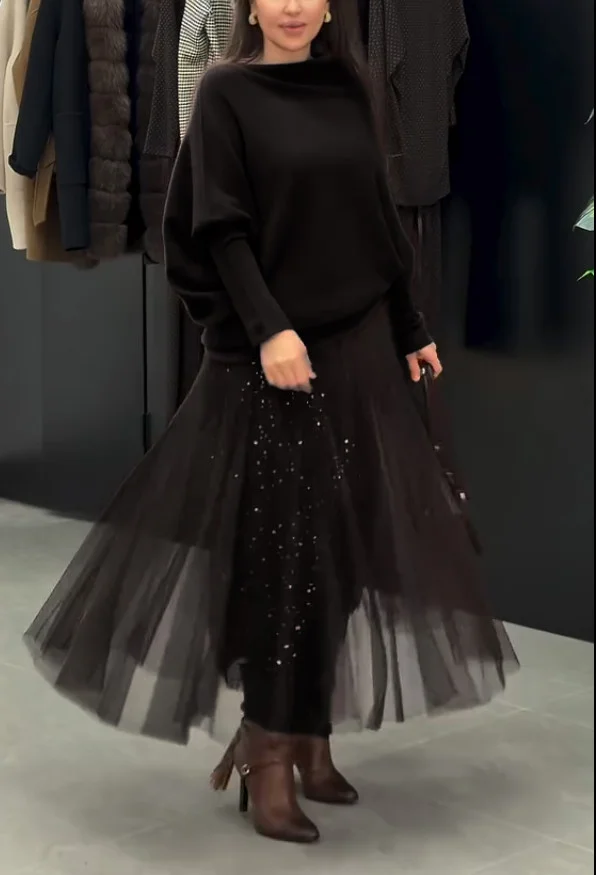 Sada: casual svetr + třpytivá šifonová sukně