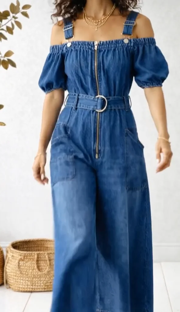 Dámská volnočasová džínová overalová kombinéza (s nastavitelnými ramínky)