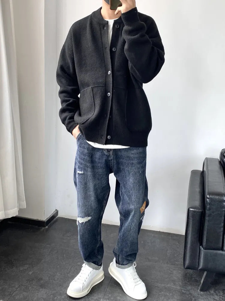 Vestranná jednobarevná volná pletená svetrová bunda