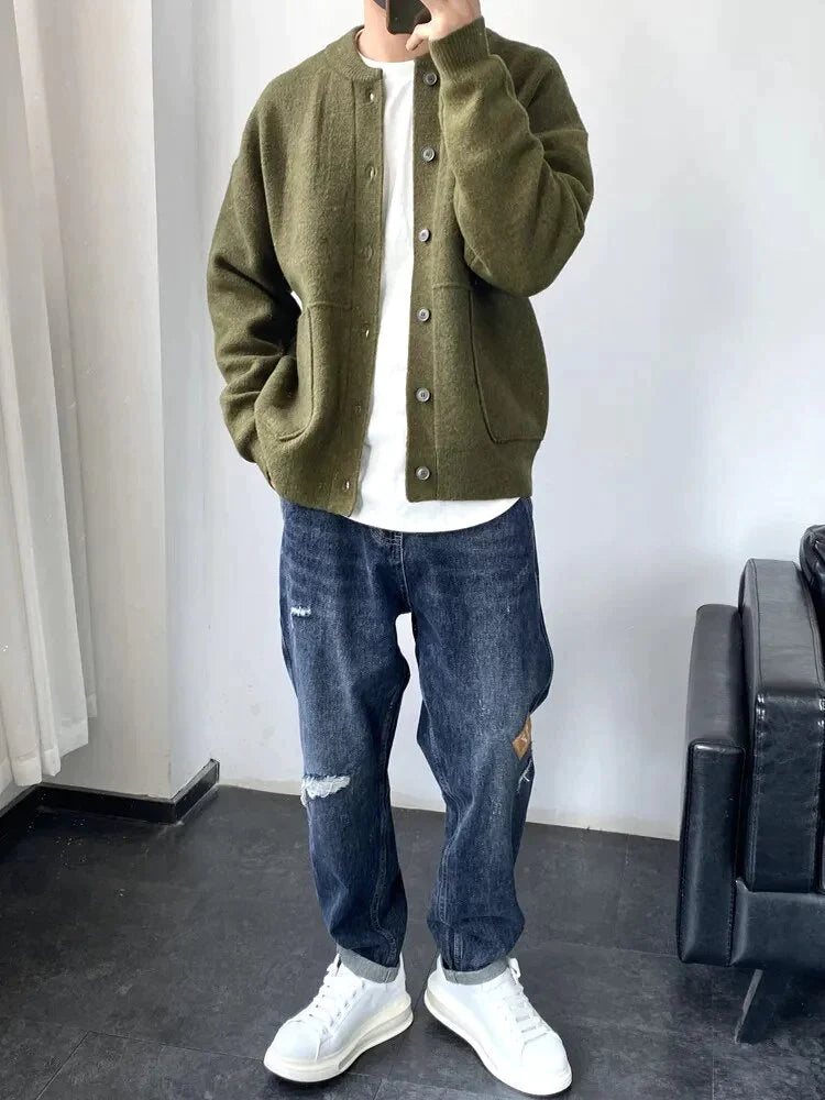 Vestranná jednobarevná volná pletená svetrová bunda