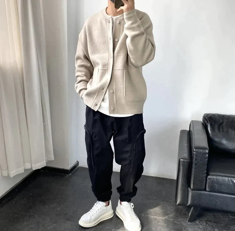 Vestranná jednobarevná volná pletená svetrová bunda