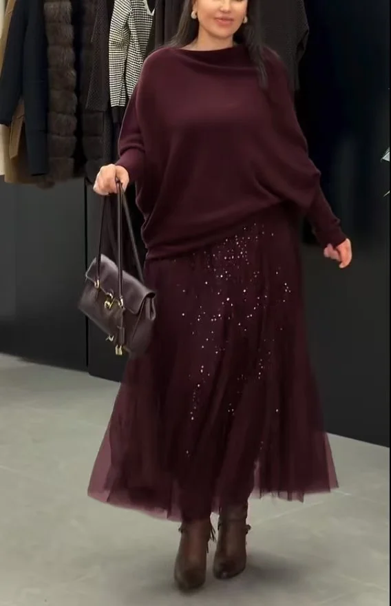 Sada: casual svetr + třpytivá šifonová sukně