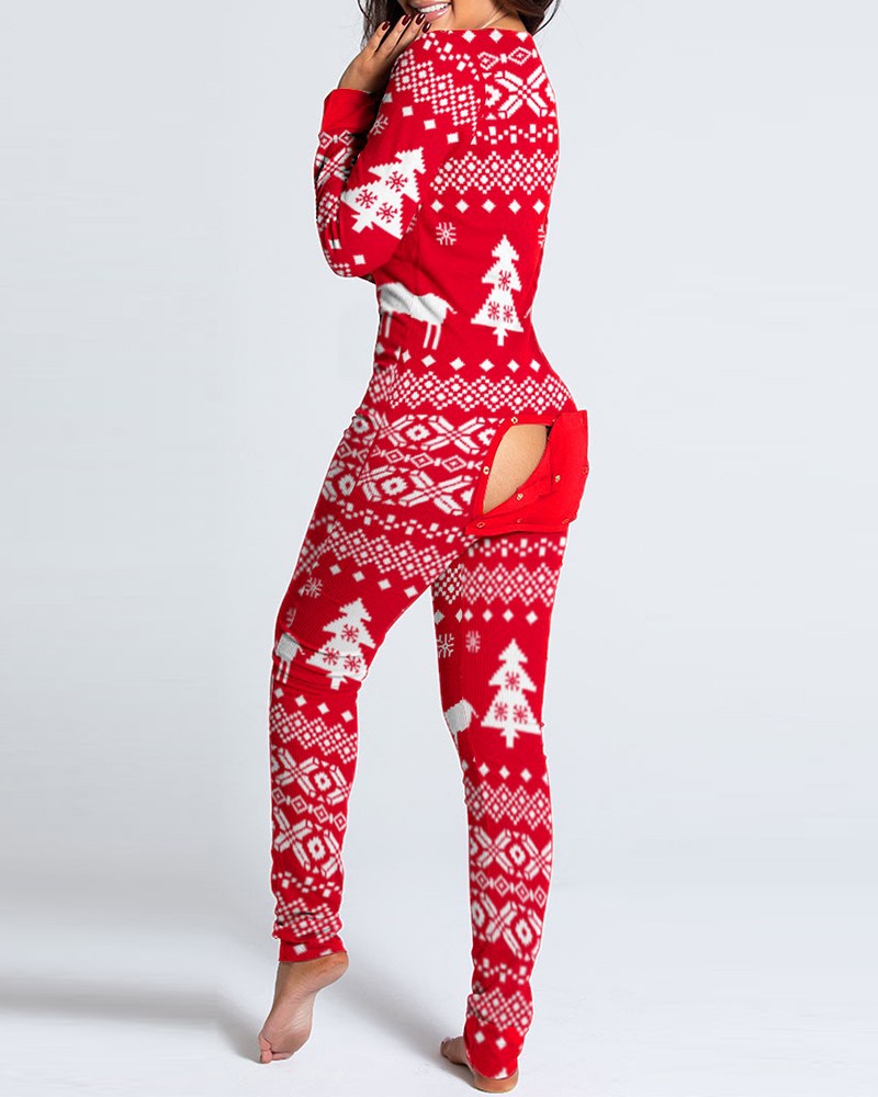 Christmas Button Flap Long Sleeve Lounge Wear Jumpsuit