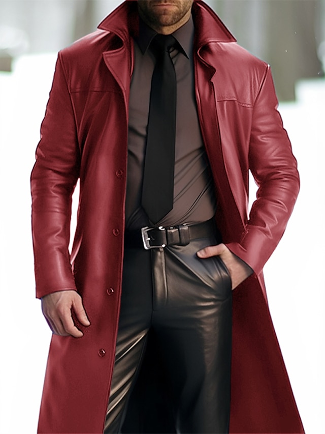 Men's winter coats, faux leather jacket lapel trench coat