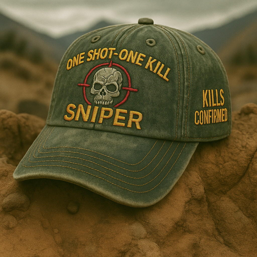 Tactical Sniper Hat🧢 – ONE SHOT ONE KILL | Battle-Worn Skull Embroidery