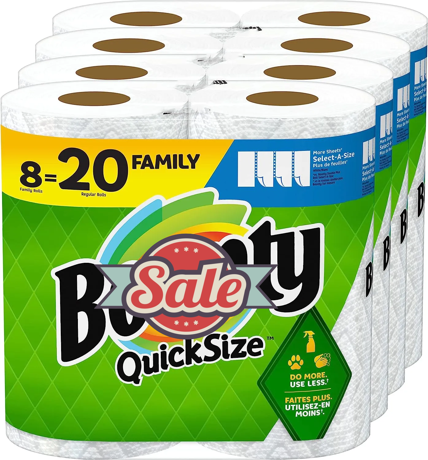 Quick Size Paper Towels. White. 8 Family Rolls = 20 Regular Rolls
