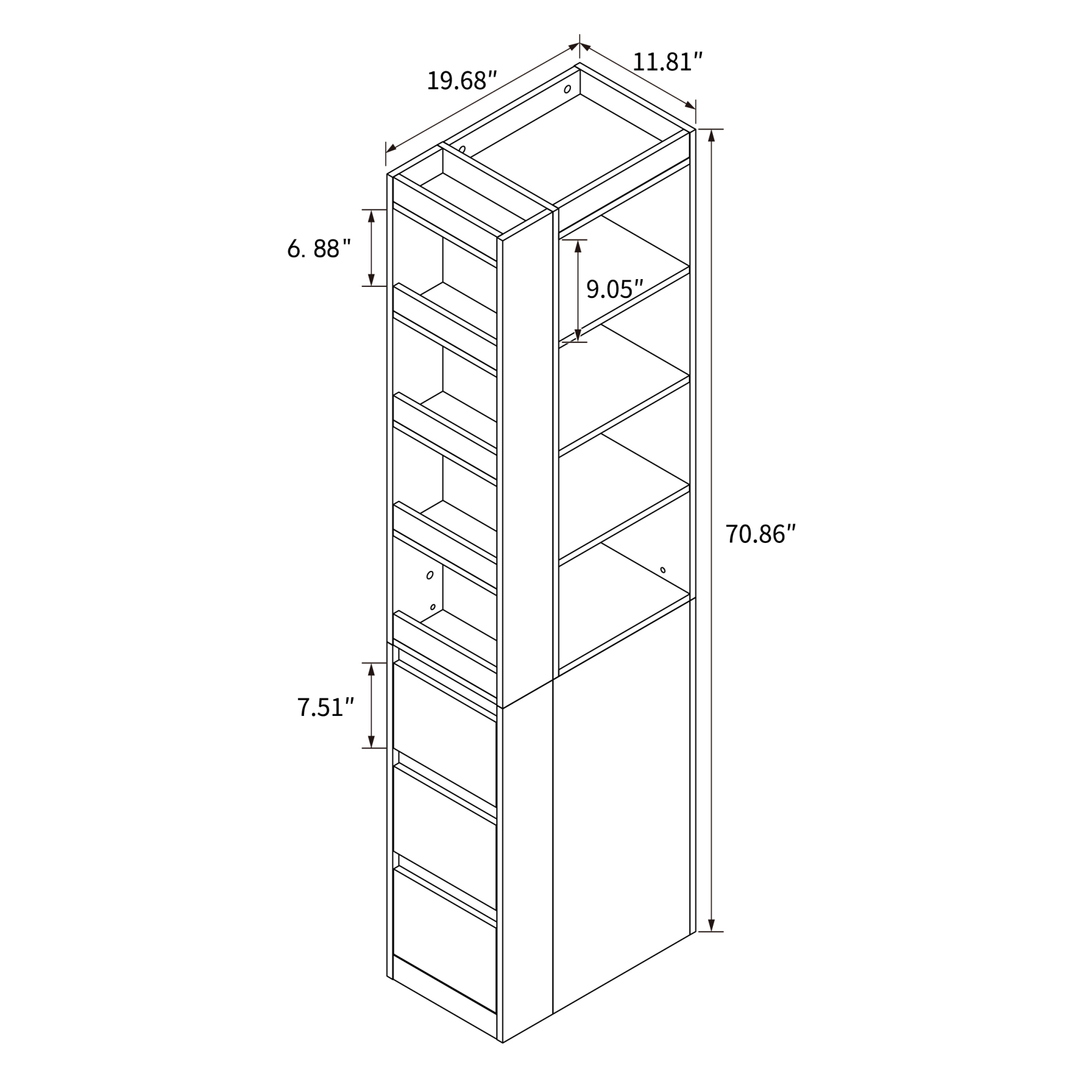 71" Narrow Storage Cabinet w/ 4-Tier Open Shelves & 3 Side Drawers