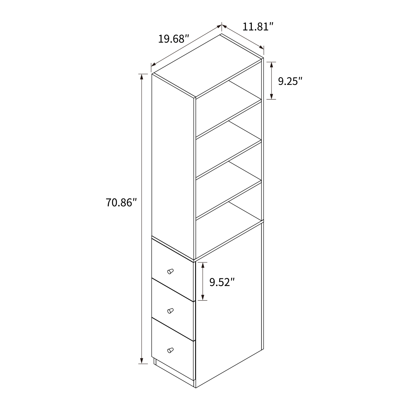 71" Narrow Display Storage Cabinet w/ 4-Tier Shelf and 3 Side Drawers