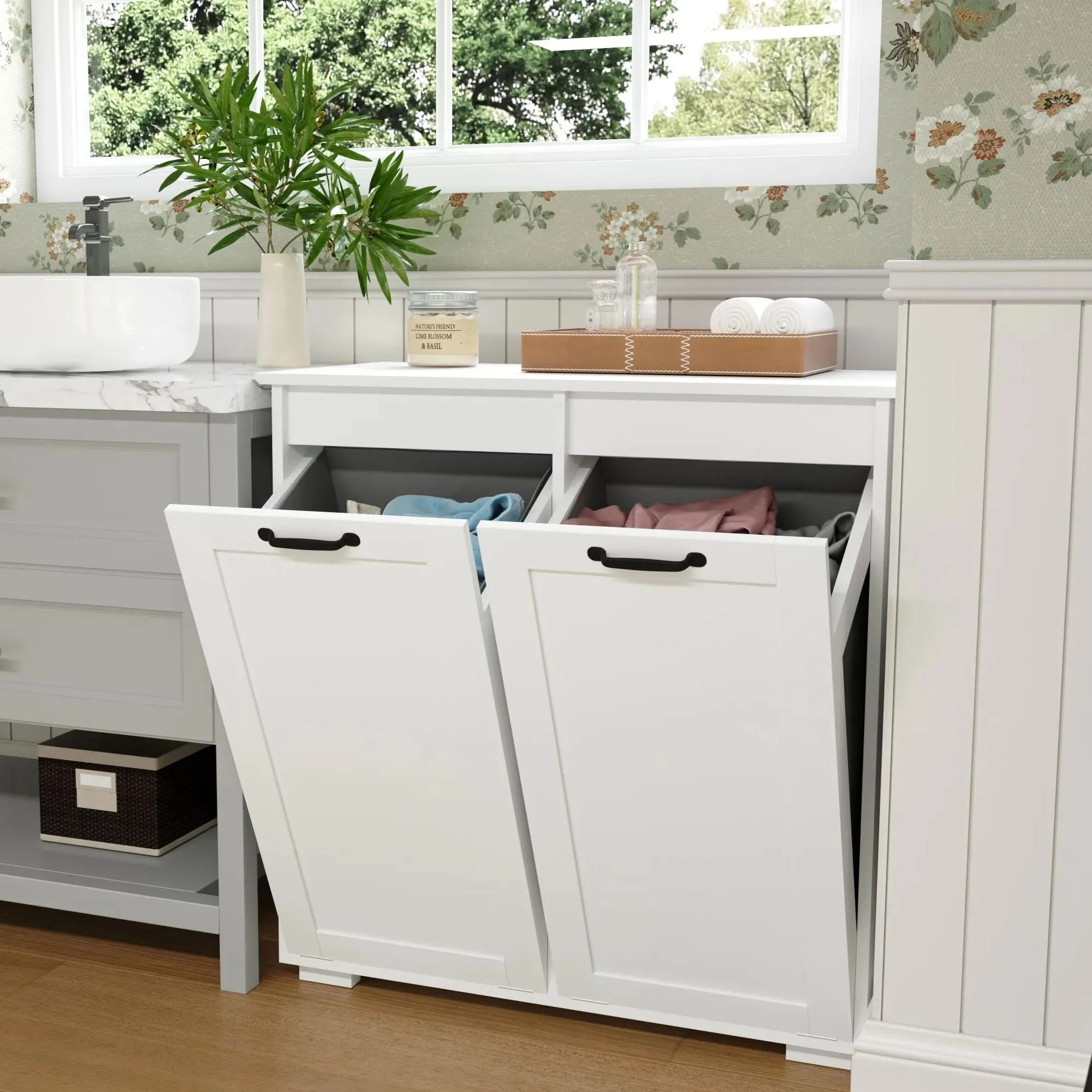 Double Tilt-Out Laundry Hamper Cabinet with 2 Removable Liner Bags, 22 Gallon