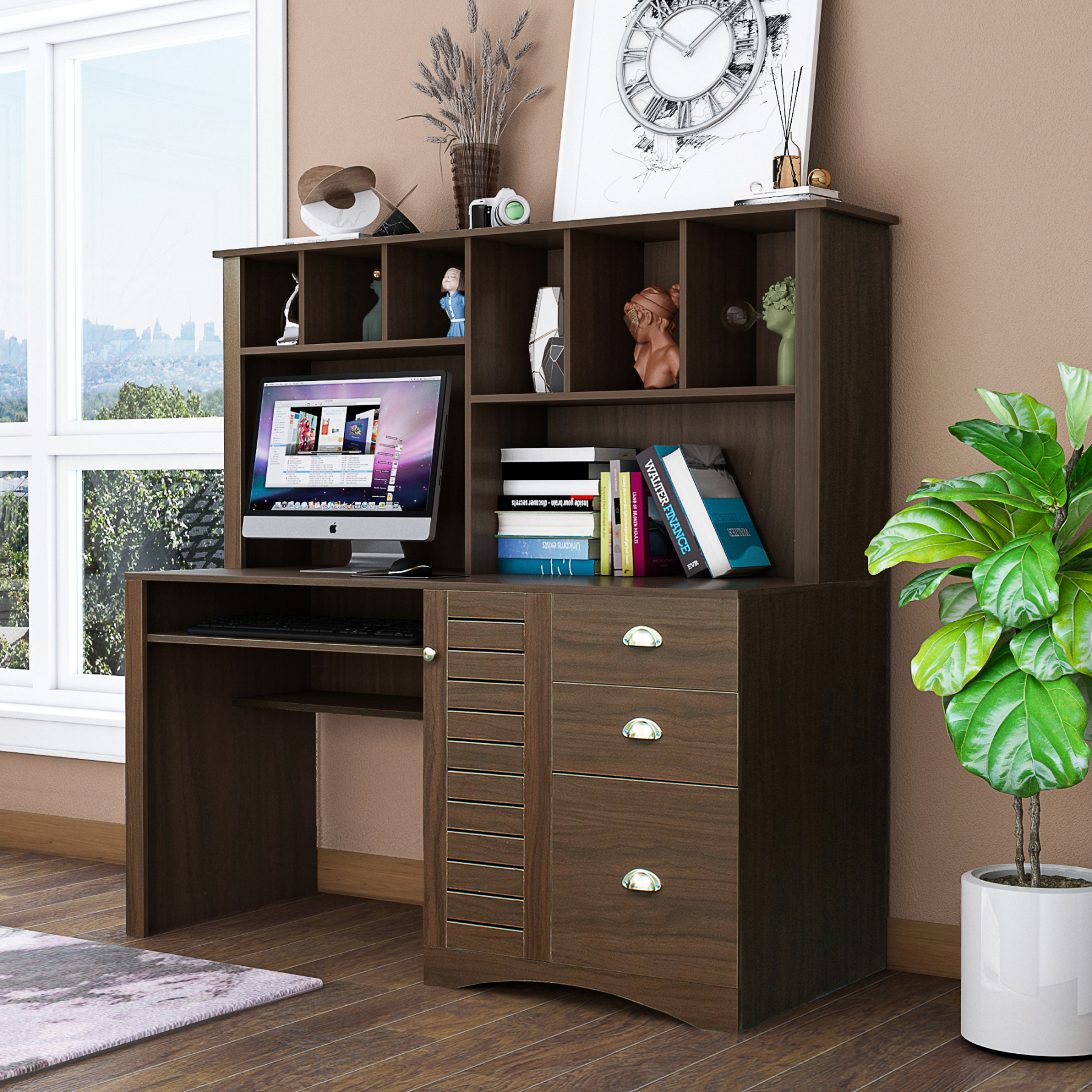 Modern Office Computer Desk with Book Shelf & Drawers | Joysource