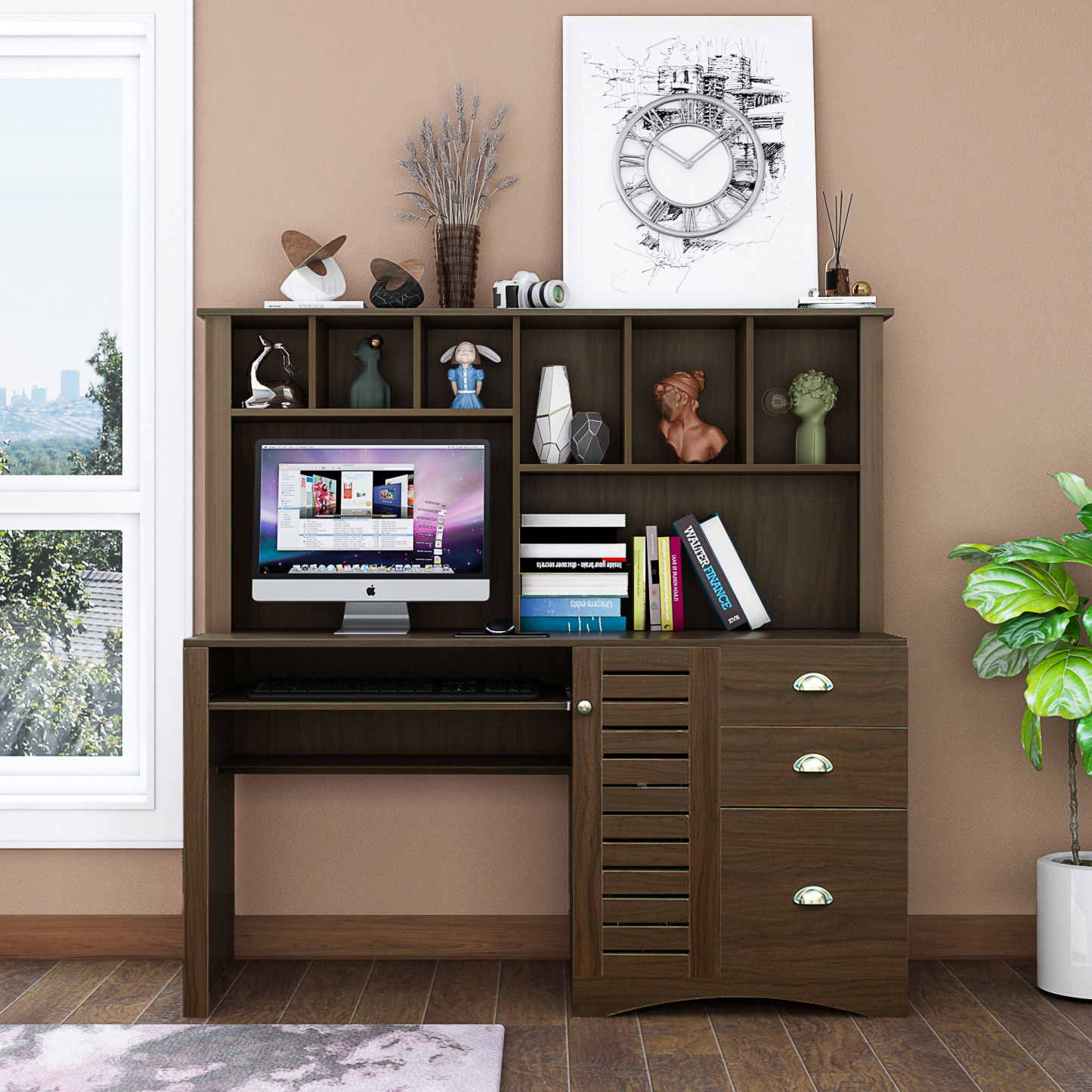 Modern Office Computer Desk with Book Shelf & Drawers | Joysource