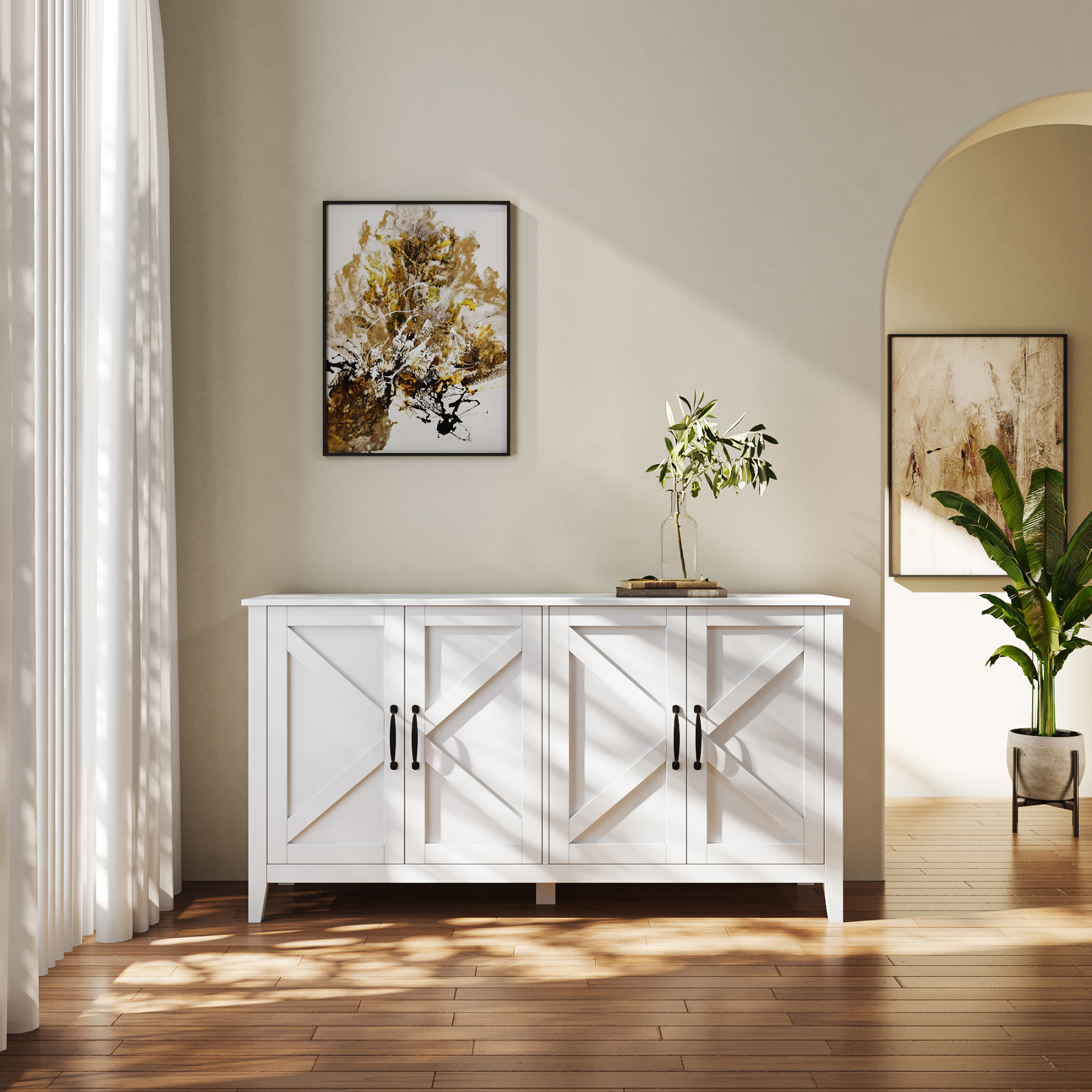 60" Modern Storage Cabinet & Sideboard with 4 Doors and 4 Open Shelves