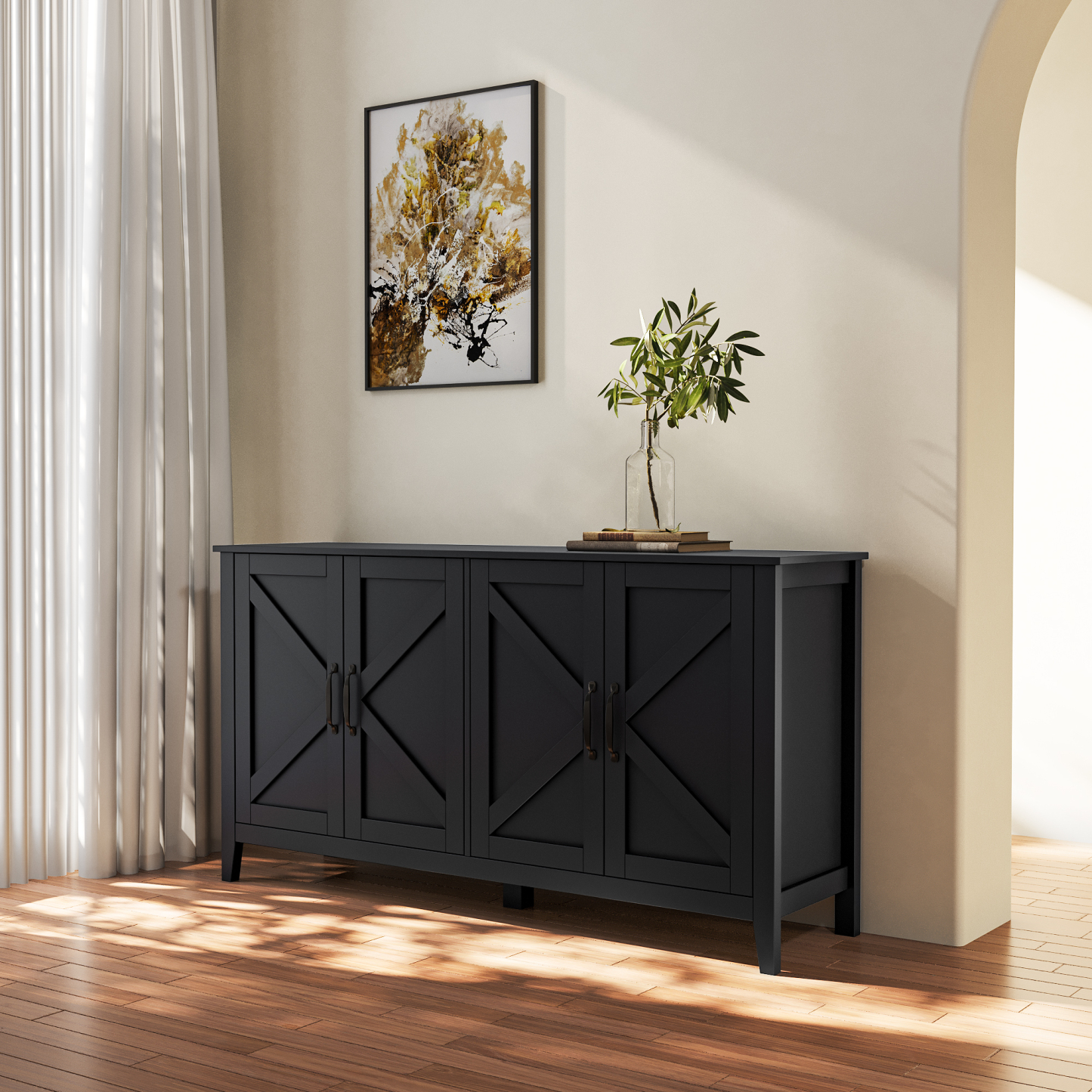 60" Modern Storage Cabinet & Sideboard with 4 Doors and 4 Open Shelves