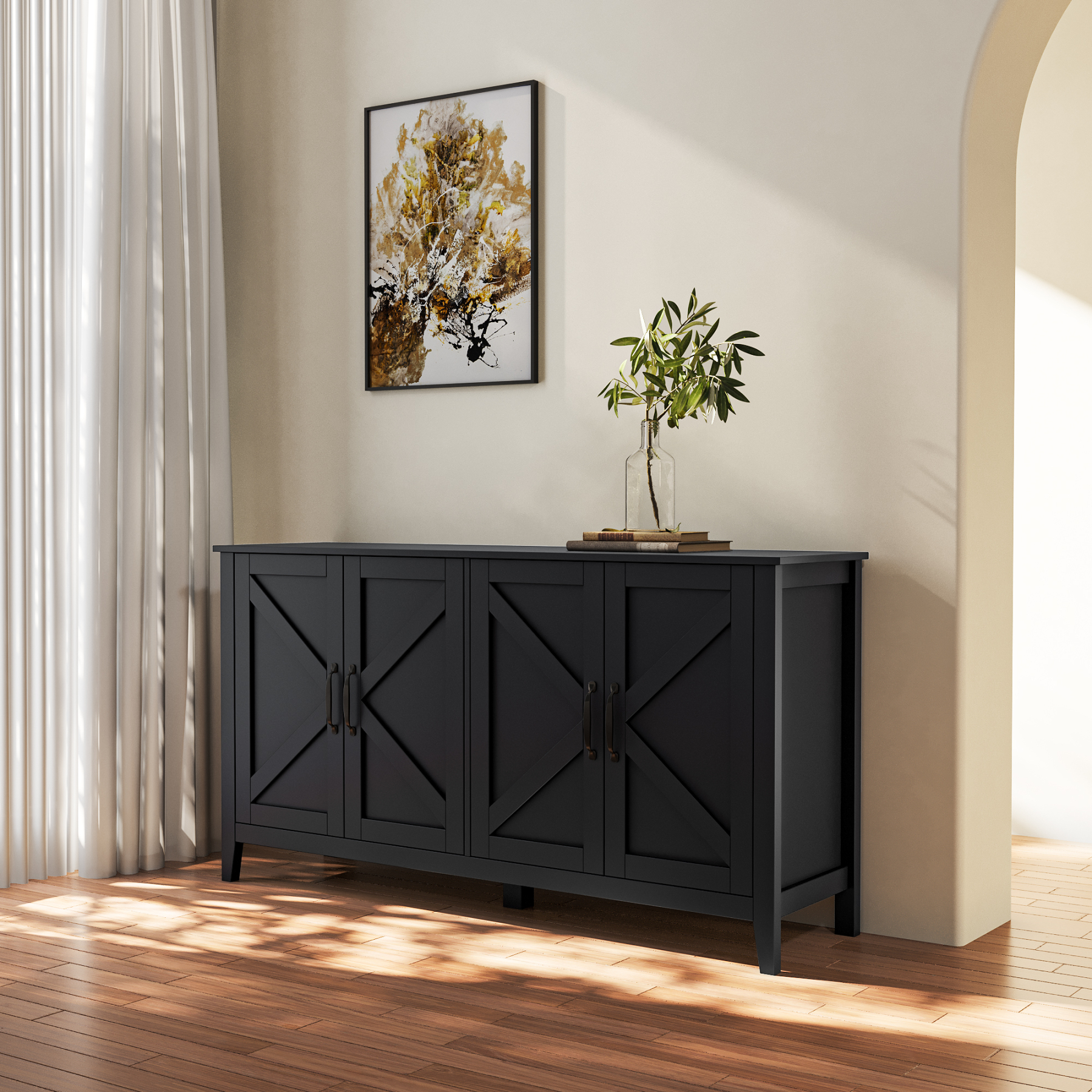 60" Modern Storage Cabinet & Sideboard with 4 Doors and 4 Open Shelves