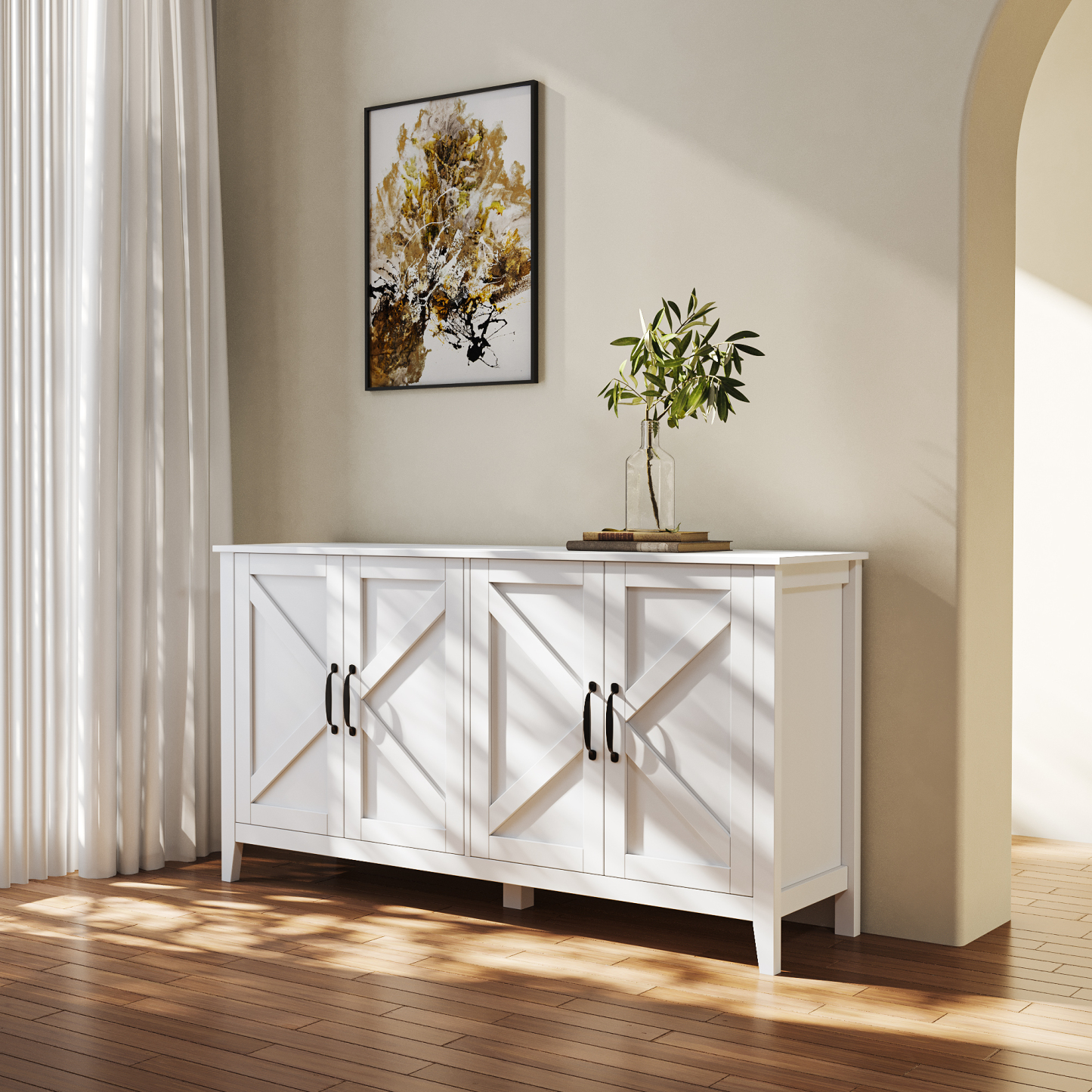 60" Modern Storage Cabinet & Sideboard with 4 Doors and 4 Open Shelves
