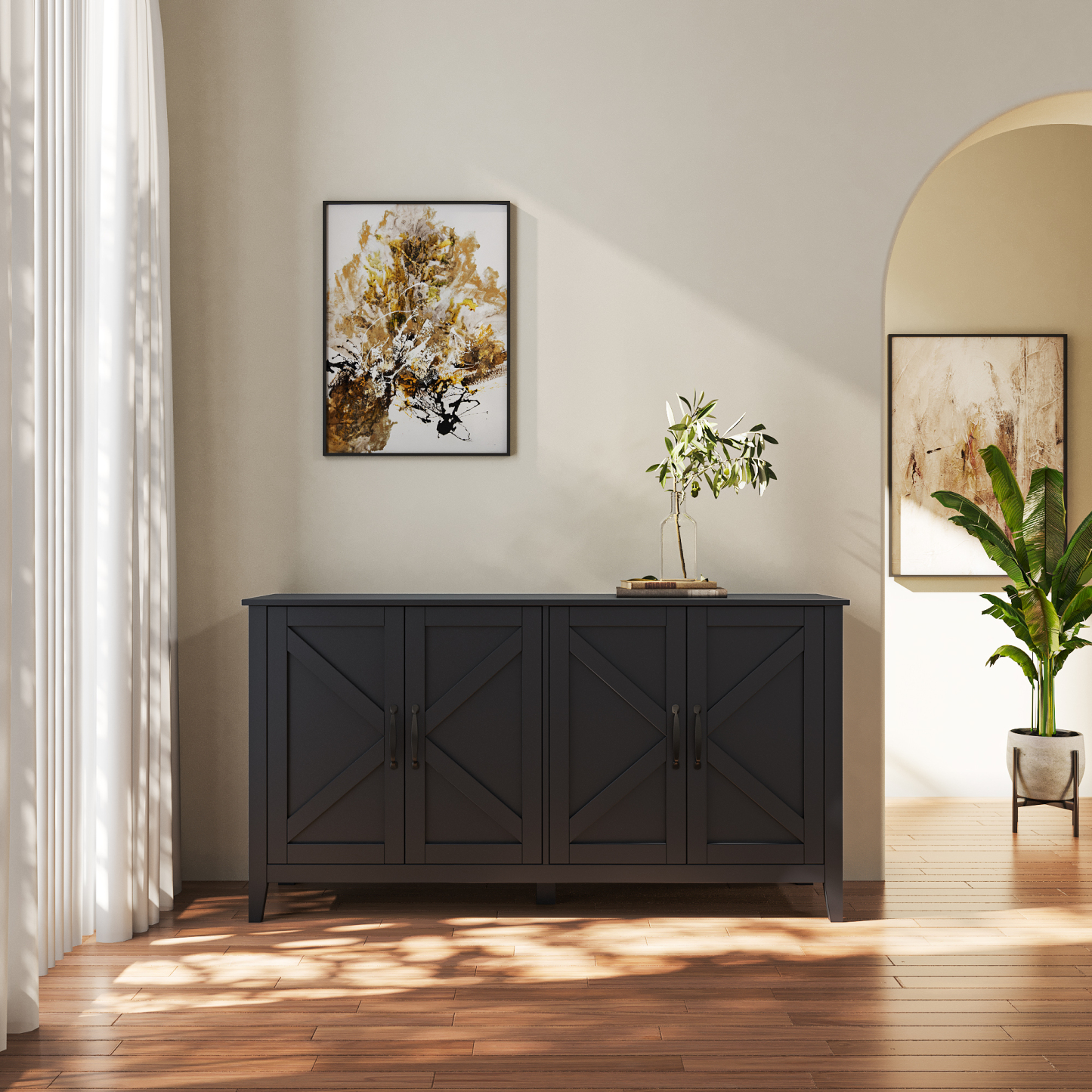 60" Modern Storage Cabinet & Sideboard with 4 Doors and 4 Open Shelves