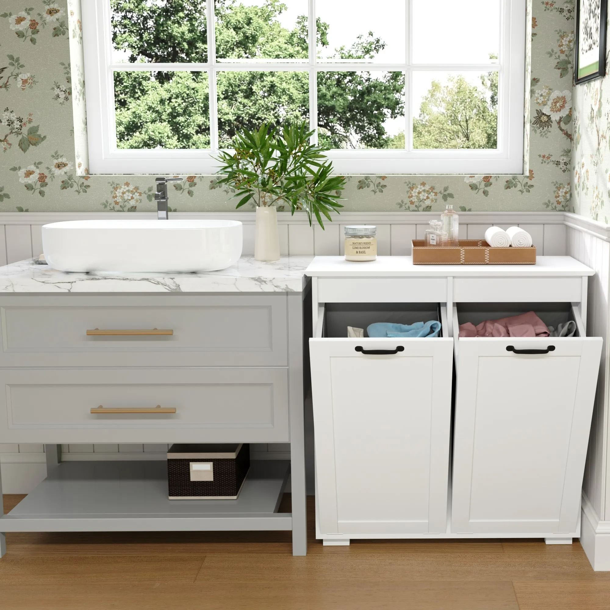 Double Tilt-Out Laundry Hamper Cabinet with 2 Removable Liner Bags, 22 Gallon