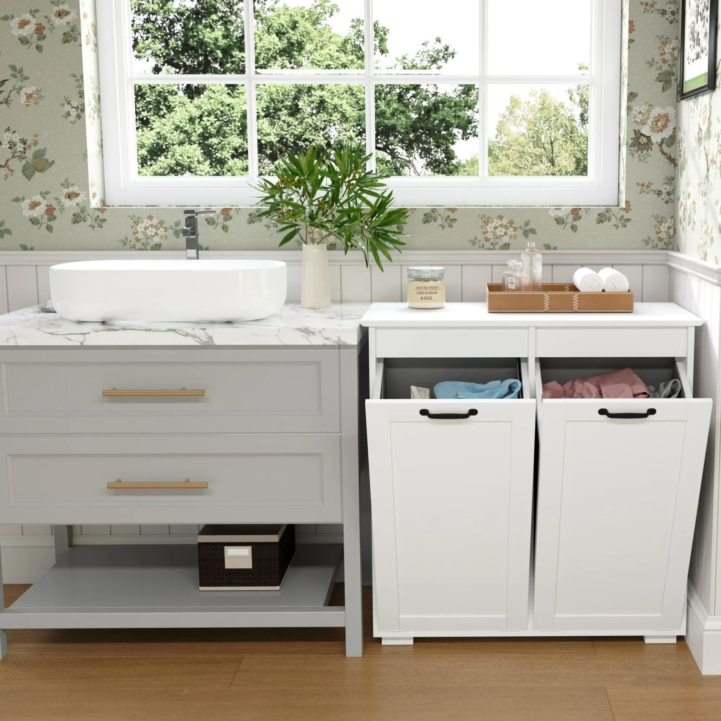 Double Tilt-Out Laundry Hamper Cabinet with 2 Removable Liner Bags, 22 Gallon